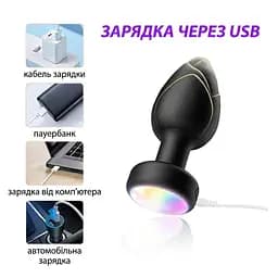 Силіконова анальна пробка з вібрацією та підсвіткою Light Anal Plug 3,5x9 см чорна - мініатюра 8