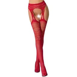 Эротические колготки-бодистокинг Passion S020 red имитация ажурных чулок с высоким поясом S/M/L