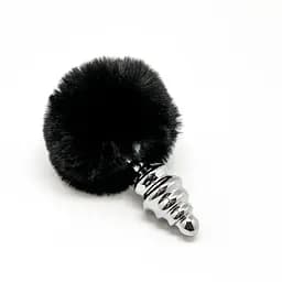 Металева анальна пробка Кролячий хвостик Alive Fluffy Twist Plug M Black діаметр 3.4 см - мініатюра 2