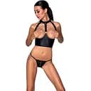 Комплект білизни з відкритими грудьми Passion GENEVIA Set WITH OPEN BRA L/XL black корсет стрінги