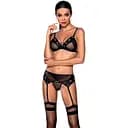 Комплект білизни Passion NESSY Set L/XL black бюстгальтер пояс для панчіх стрінги